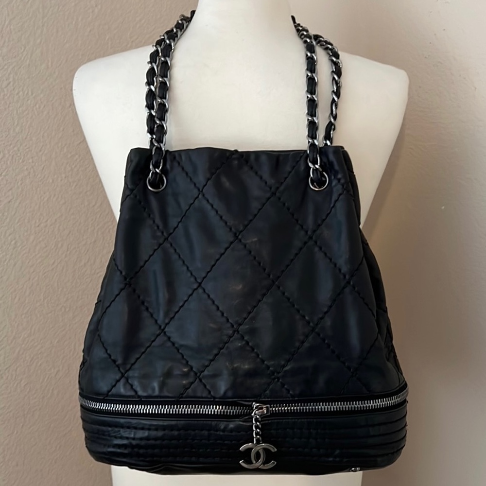 Chanel Expandable Ligne Black Quilted Bucket Bag Crossbody w/ Chain strap